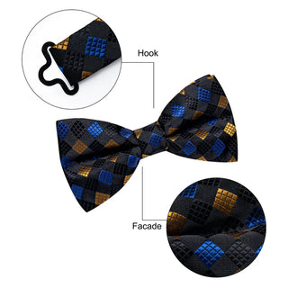 New Black Blue Yellow Cube Plaid Pre-tied Silk Bow Tie