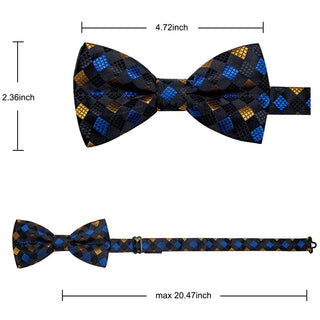 New Black Blue Yellow Cube Plaid Pre-tied Silk Bow Tie
