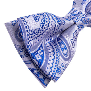 Light Grey Blue Paisley Pre-tied Silk Bow Tie