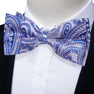 Light Grey Blue Paisley Pre-tied Silk Bow Tie