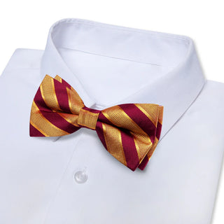 New Golden Red Striped Pre-tied Silk Bow Tie