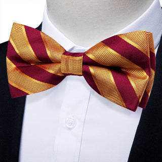 New Golden Red Striped Pre-tied Silk Bow Tie