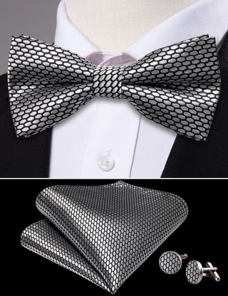 Solid Grey Pre-tied Bow Tie Pocket Square Cufflinks Set