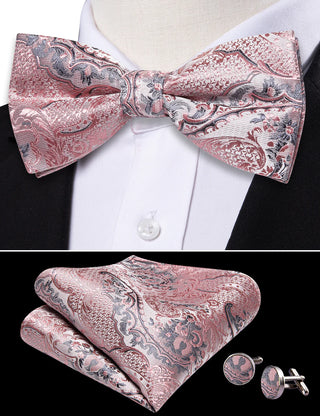 Grey Pink Paisley Pre-tied Bow Tie Pocket Square Cufflinks Set