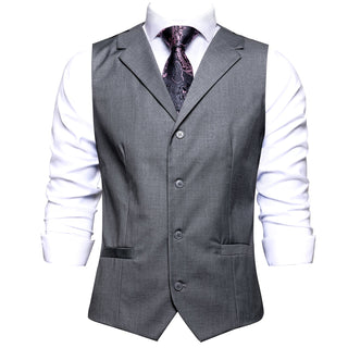 Solid Grey Silk Vest Pocket Square Cufflinks Tie Set Waistcoat Suit Set