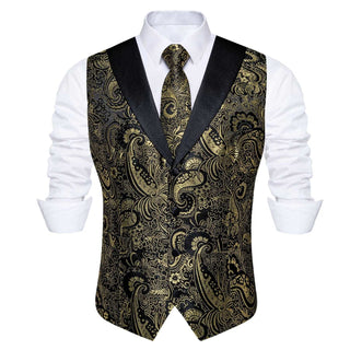 Black Golden Paisley Jacquard Silk Vest Pocket Square Cufflinks Tie Set Waistcoat Suit Set