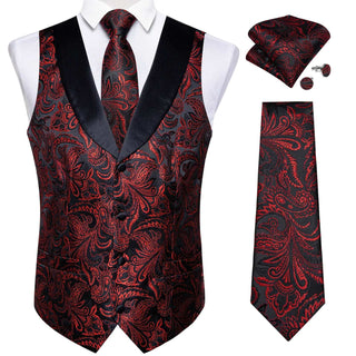 Black Red Floral Jacquard V Neck Silk Vest Pocket Square Cufflinks Tie Set Waistcoat Suit Set