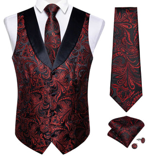 Black Red Floral Jacquard V Neck Silk Vest Pocket Square Cufflinks Tie Set Waistcoat Suit Set