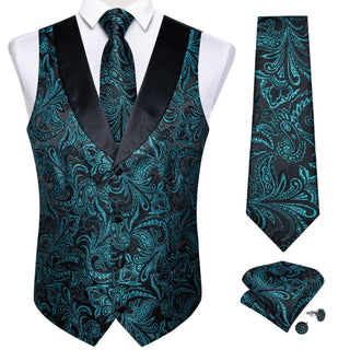Black Green Floral Jacquard V Neck Silk Vest Pocket Square Cufflinks Tie Set Waistcoat Suit Set