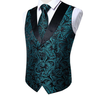 Black Green Floral Jacquard V Neck Silk Vest Pocket Square Cufflinks Tie Set Waistcoat Suit Set