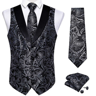 Black Silver Floral Jacquard V Neck Silk Vest Pocket Square Cufflinks Tie Set Waistcoat Suit Set