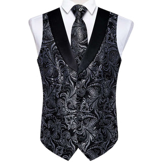 Black Silver Floral Jacquard V Neck Silk Vest Pocket Square Cufflinks Tie Set Waistcoat Suit Set
