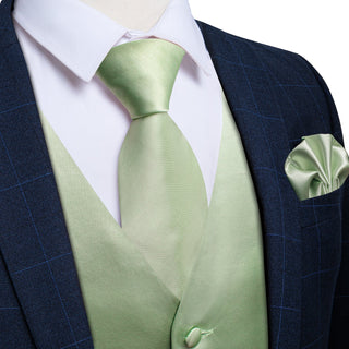 Solid Mint Green Satin Vest Pocket Square Cufflinks Tie Set Waistcoat Suit Set