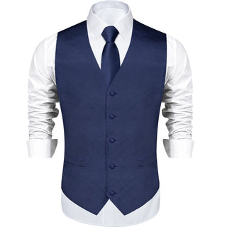 Solid Dark Blue Silk Vest Pocket Square Cufflinks Tie Set Waistcoat Suit Set