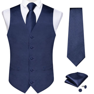 Solid Dark Blue Silk Vest Pocket Square Cufflinks Tie Set Waistcoat Suit Set