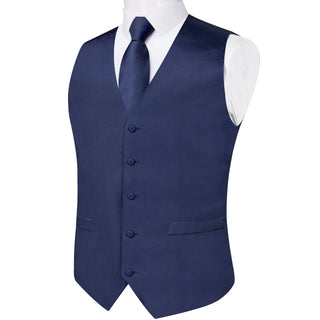 Solid Dark Blue Silk Vest Pocket Square Cufflinks Tie Set Waistcoat Suit Set