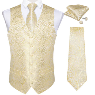 New Champagne Paisley Jacquard Silk Men's Vest Pocket Square Cufflinks Tie Set Waistcoat Set