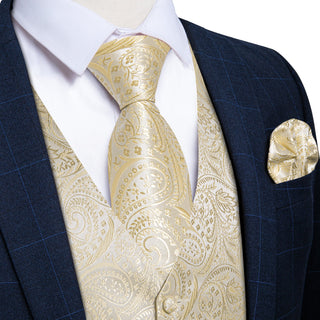 New Champagne Paisley Jacquard Silk Men's Vest Pocket Square Cufflinks Tie Set Waistcoat Set