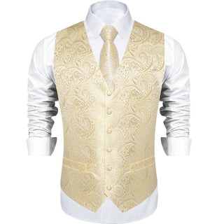 New Champagne Paisley Jacquard Silk Men's Vest Pocket Square Cufflinks Tie Set Waistcoat Set
