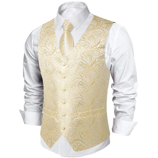 New Champagne Paisley Jacquard Silk Men's Vest Pocket Square Cufflinks Tie Set Waistcoat Set
