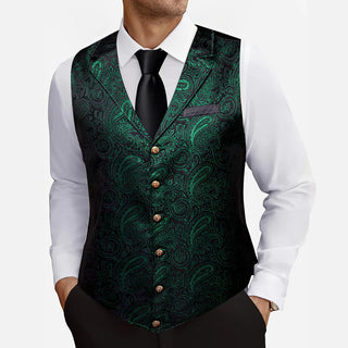 New Green Paisley Silk Men's Single Vest Tailored Collar Waistcoat