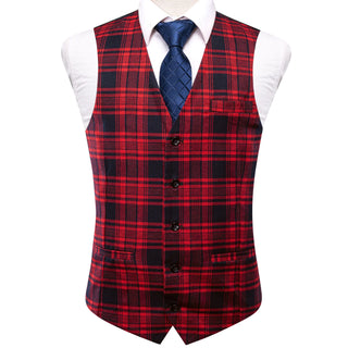 New Red Black Plaid Silk Vest Pocket Square Cufflinks Tie Set Waistcoat Suit Set