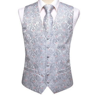 Silver Paisley with Pink Flower Silk Men's Vest Pocket Square Cufflinks Tie Set Waistcoat Set