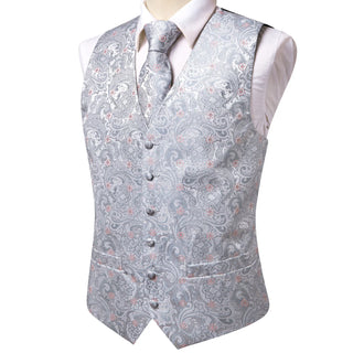 Silver Paisley with Pink Flower Silk Men's Vest Pocket Square Cufflinks Tie Set Waistcoat Set