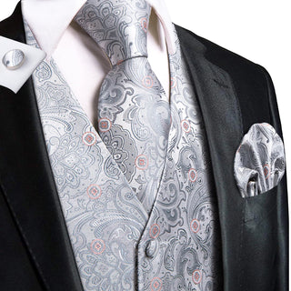 Silver Paisley with Pink Flower Silk Men's Vest Pocket Square Cufflinks Tie Set Waistcoat Set