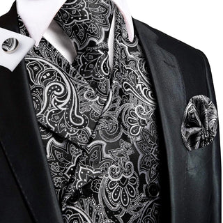 New Black White Paisley Silk Vest Pocket Square Cufflinks Tie Set Waistcoat Suit Set