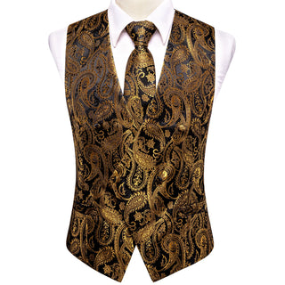 New Black Golden Silk Vest Pocket Square Cufflinks Tie Set Waistcoat Suit Set