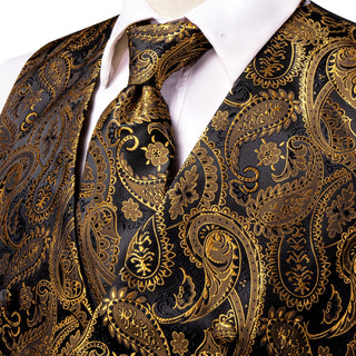 New Black Golden Silk Vest Pocket Square Cufflinks Tie Set Waistcoat Suit Set