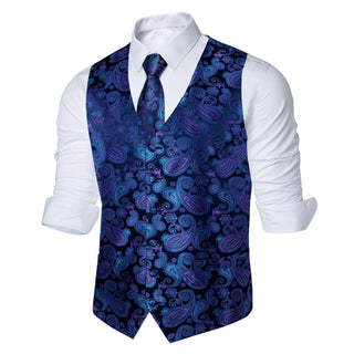 Blue Purple Paisley Silk Men's Vest Pocket Square Cufflinks Tie Set Waistcoat Set