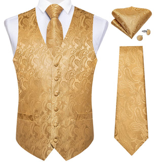 New Golden Paisley Jacquard Silk Men's Vest Pocket Square Cufflinks Tie Set Waistcoat Set