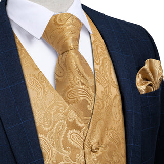 New Golden Paisley Jacquard Silk Men's Vest Pocket Square Cufflinks Tie Set Waistcoat Set