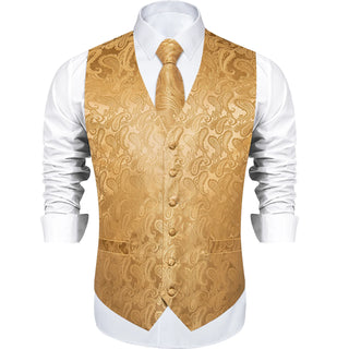 New Golden Paisley Jacquard Silk Men's Vest Pocket Square Cufflinks Tie Set Waistcoat Set
