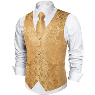 New Golden Paisley Jacquard Silk Men's Vest Pocket Square Cufflinks Tie Set Waistcoat Set