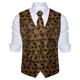 Classic Golden Black Floral Jacquard Silk Men's Vest Pocket Square Cufflinks Tie Set Waistcoat Set