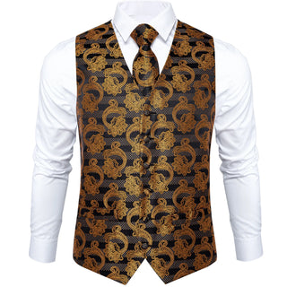 Classic Golden Black Floral Jacquard Silk Men's Vest Pocket Square Cufflinks Tie Set Waistcoat Set