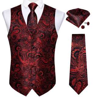 Black Red Paisley Jacquard Silk Men's Vest Pocket Square Cufflinks Tie Set Waistcoat Set