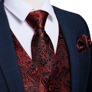 Black Red Paisley Jacquard Silk Men's Vest Pocket Square Cufflinks Tie Set Waistcoat Set