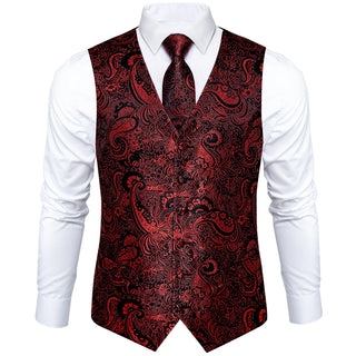 Black Red Paisley Jacquard Silk Men's Vest Pocket Square Cufflinks Tie Set Waistcoat Set