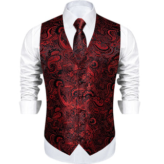 Black Red Paisley Jacquard Silk Men's Vest Pocket Square Cufflinks Tie Set Waistcoat Set