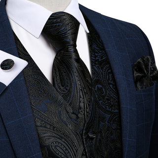 Classic Black Purple Floral Jacquard Silk Vest Pocket Square Cufflinks Tie Set Waistcoat Suit Set