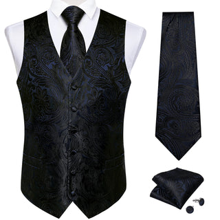 Classic Black Purple Floral Jacquard Silk Vest Pocket Square Cufflinks Tie Set Waistcoat Suit Set