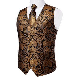 Champagne Golden Paisley Jacquard Vest Pocket Square Cufflinks Tie Set Waistcoat Suit Set