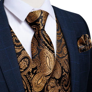 Champagne Golden Paisley Jacquard Vest Pocket Square Cufflinks Tie Set Waistcoat Suit Set