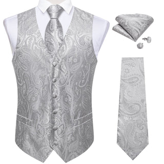 Silver Grey Paisley Jacquard Silk Men's Vest Pocket Square Cufflinks Tie Set Waistcoat Set