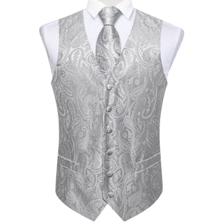 Silver Grey Paisley Jacquard Silk Men's Vest Pocket Square Cufflinks Tie Set Waistcoat Set