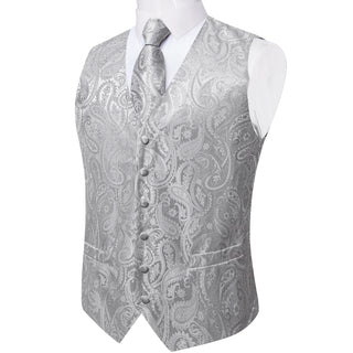 Silver Grey Paisley Jacquard Silk Men's Vest Pocket Square Cufflinks Tie Set Waistcoat Set